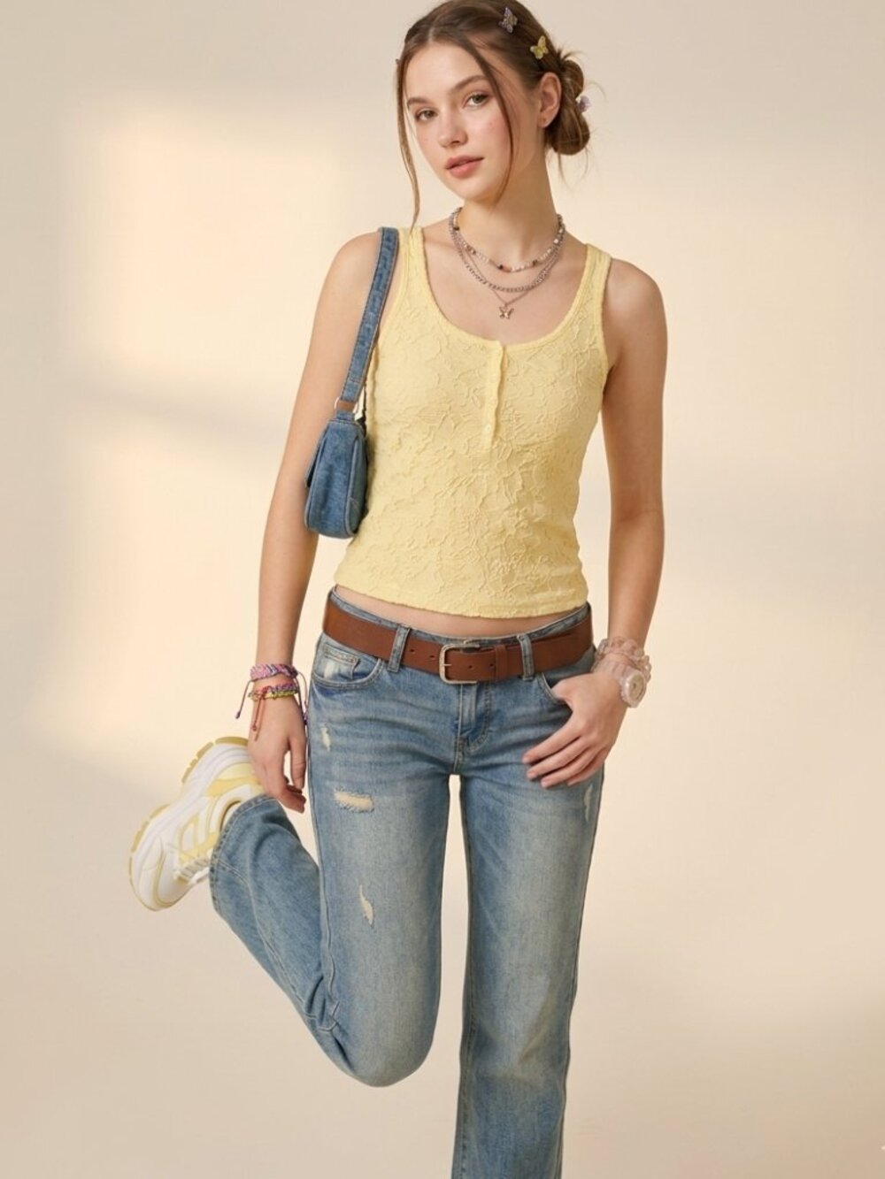 H&M Lace Tank Top M Butter Yellow Floral Lace Y2K Style Coquette Fairy Grunge